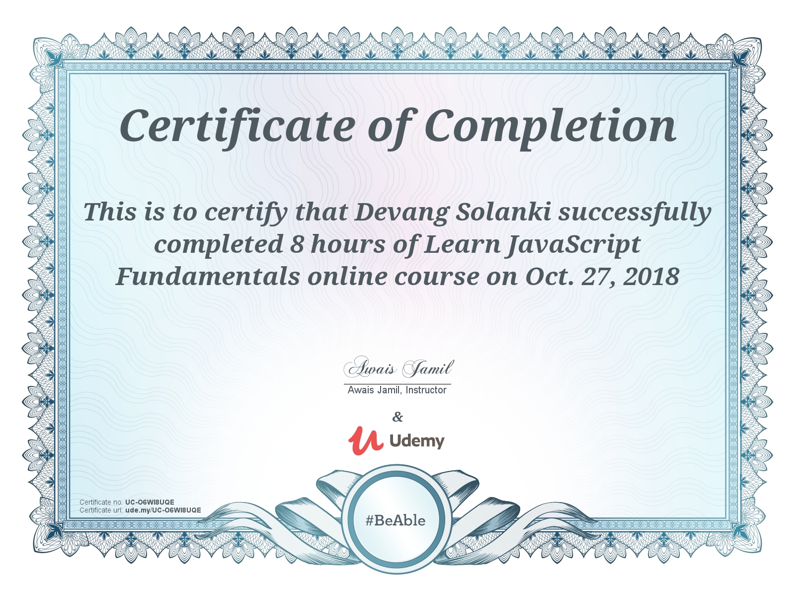 Devang Solanki Certify Completion of Learn JavaScript Fundamentals