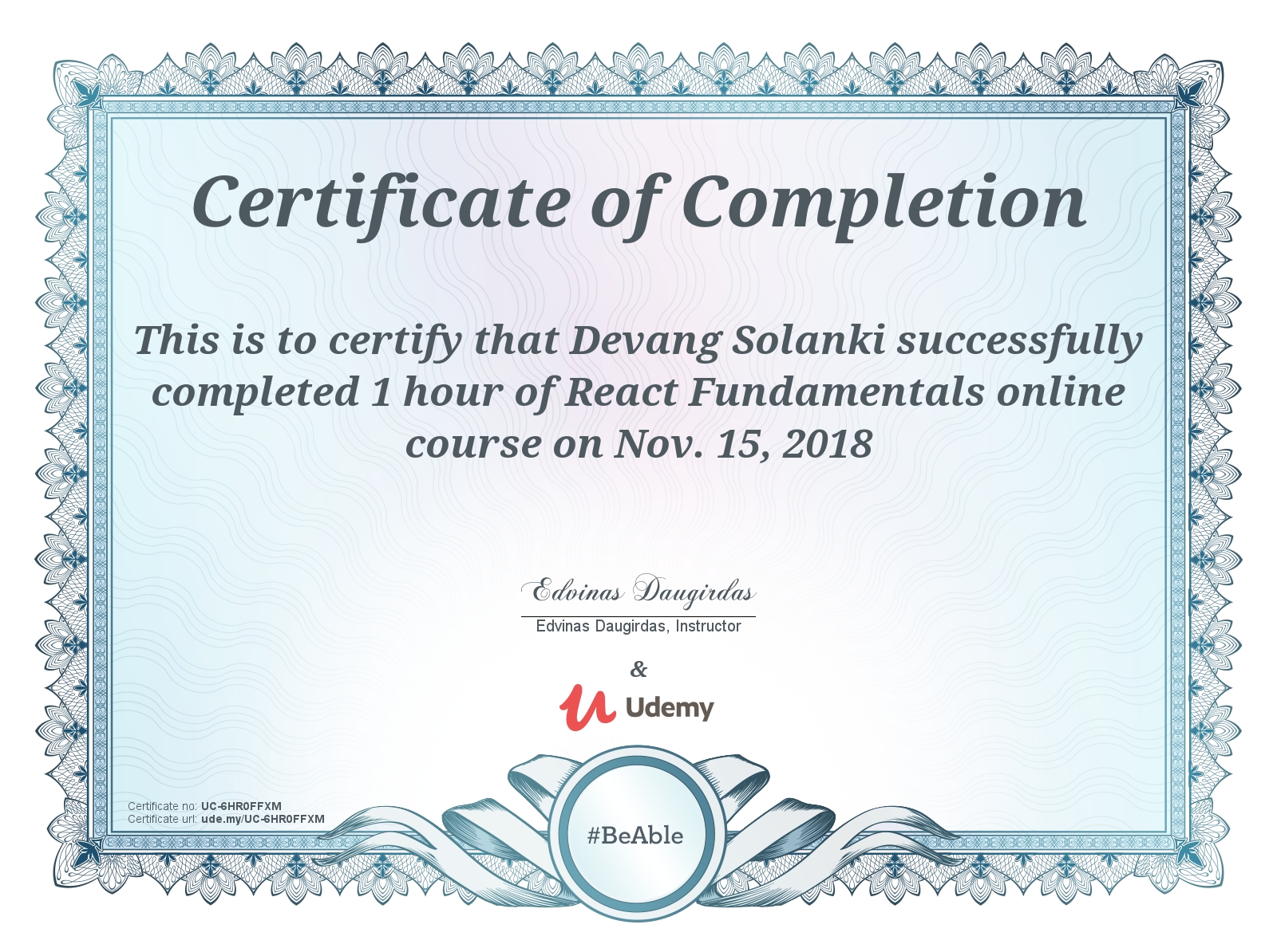 Devang Solanki Certify Completion of Learn JavaScript Fundamentals