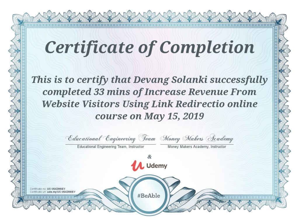 Certificate of Completion Increase Revenue From Website Visitors Using Link Redirection - UC-V64ZM0EY